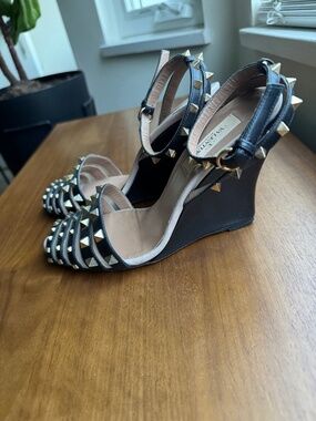 RARE Valentino Rockstud Leather Wedge Sandals | Black | Size 37 |